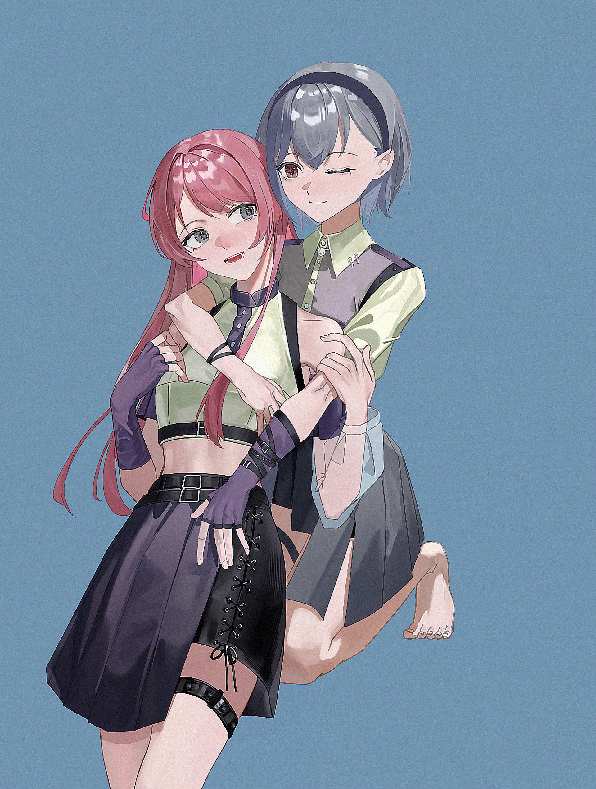 chihaya anon, takamatsu tomori, bang dream!, bang dream! it's mygo!!!!!, absurdres, commentary, highres, 2girls, barefoot, black hairband, black skirt, blue background, closed mouth, collared shirt, fingerless gloves, gloves, green shirt, grey eyes, grey hair, grey skirt, hairband, hinooka, hug, hug from behind, multiple girls, one eye closed, open mouth, pink hair, pleated skirt, purple gloves, red eyes, shirt, short hair, simple background, skirt, sleeveless, sleeveless shirt, smile, thigh strap, toes, yuri