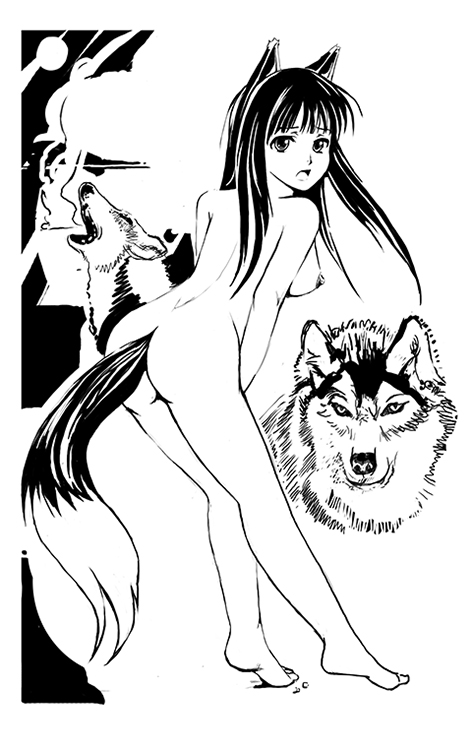 kouhei (sxmas), holo, spice and wolf, tagme, 00s, 1girl, animal ears, female focus, greyscale, monochrome, nude, solo, solo focus, wolf ears