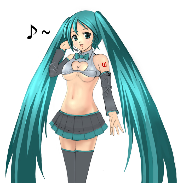 kouhei (sxmas), hatsune miku, vocaloid, 1girl, aqua hair, breasts, female focus, long hair, medium breasts, solo, thighhighs, twintails, underboob, very long hair, zettai ryouiki