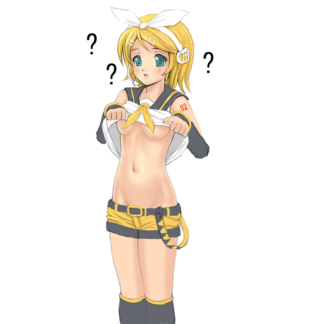 kouhei (sxmas), kagamine rin, vocaloid, 1girl, ?, breasts, clothes lift, female focus, lowleg, lowleg pants, medium breasts, navel, no panties, pants, shirt lift, shorts, solo, underboob