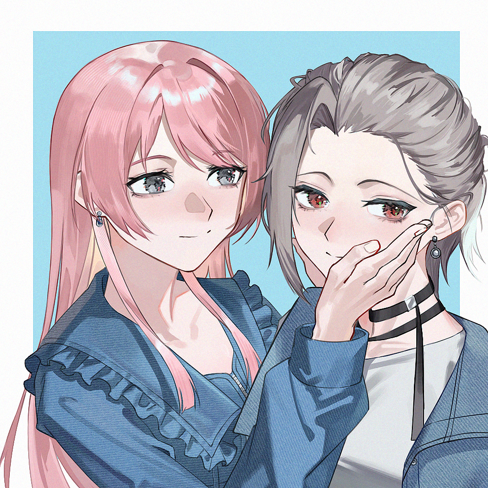 chihaya anon, takamatsu tomori, bang dream!, bang dream! it's mygo!!!!!, commentary, 2girls, asymmetrical bangs, black choker, blue background, blue jacket, blue shirt, blush, border, choker, closed mouth, earrings, film grain, forehead, grey eyes, grey hair, grey shirt, hair slicked back, hand on another's face, hinooka, jacket, jewelry, multiple girls, outside border, pink hair, red eyes, shirt, simple background, smile, upper body, white border, yuri