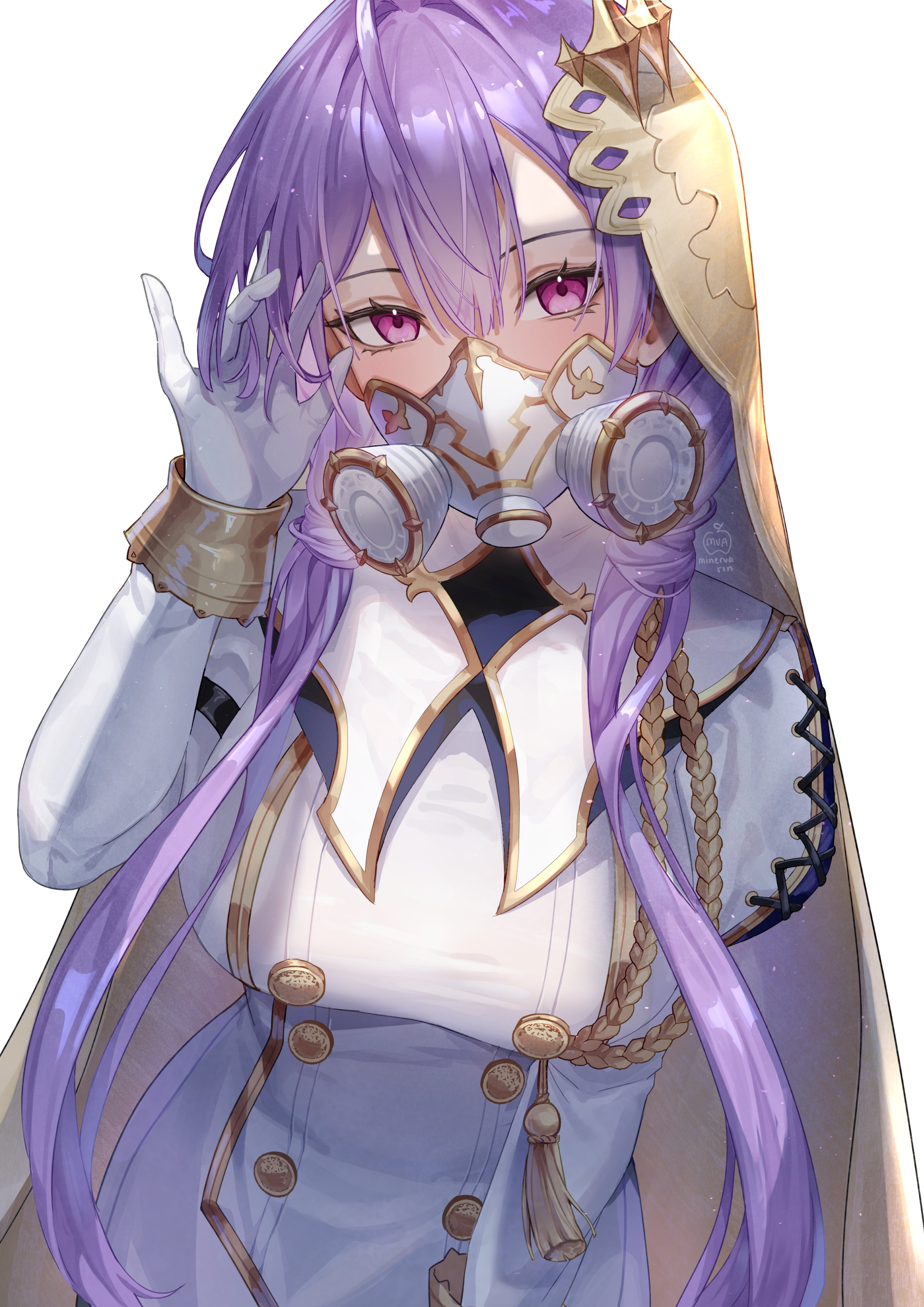 rin arizu, esperanza (shadowverse), shadowverse, shadowverse: worlds beyond, absurdres, highres, aiguillette, buttons, collar, dress, gas mask, gold wrist cuffs, looking at viewer, mask, pink eyes, purple hair, veil, white dress, wrist cuffs