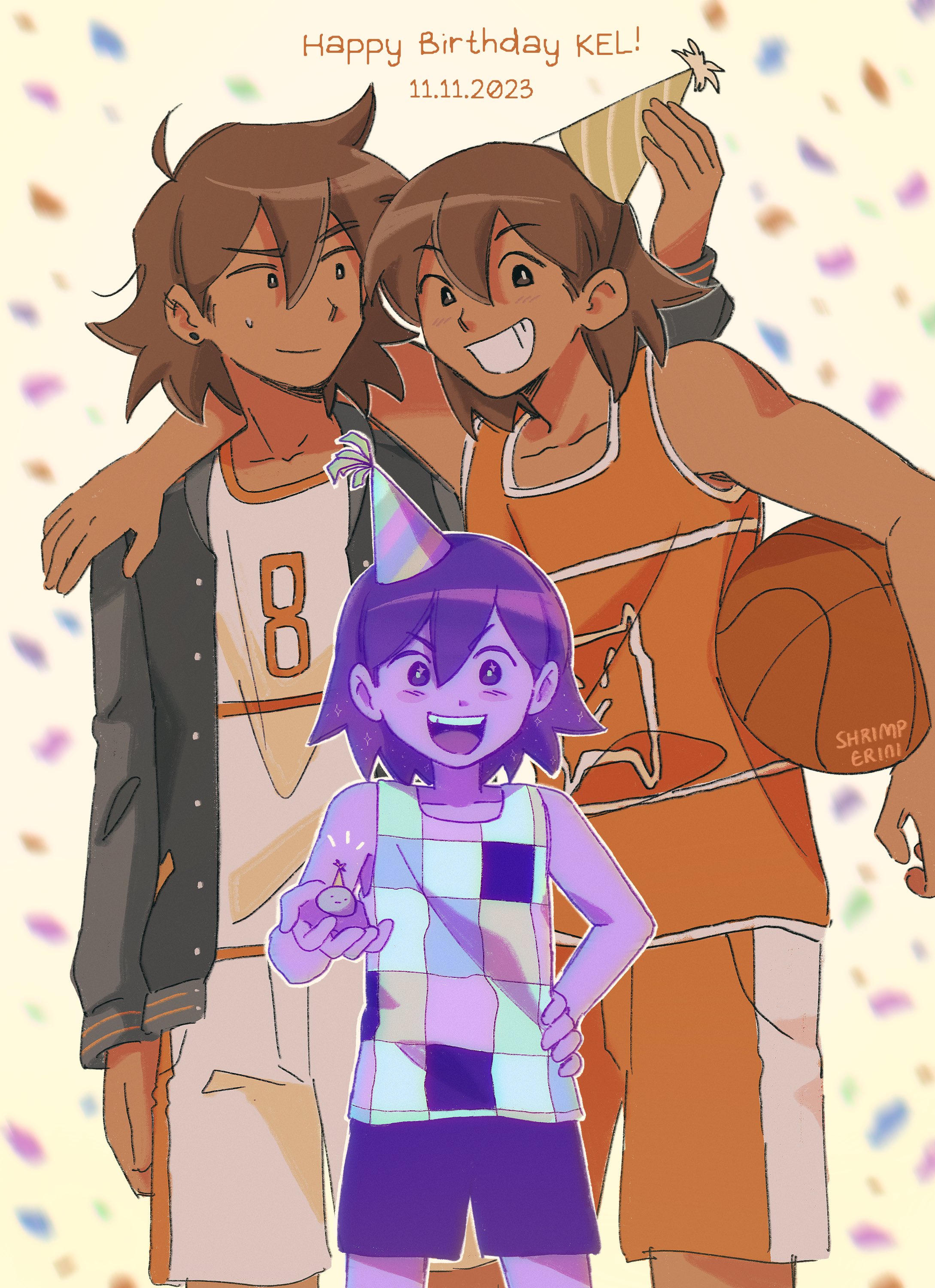shrimperini, hector (omori), kel (faraway) (omori), kel (headspace) (omori), kel (omori), omori, absurdres, highres, 3boys, alternate costume, alternate hairstyle, alternate skin color, alternate universe, arm around neck, ball, basketball (object), black jacket, blurry, blurry background, blush, brown eyes, brown hair, character name, colored skin, confetti, dated, double-parted bangs, dual persona, ear piercing, emori (shrimperini), grin, happy birthday, hat, holding, holding ball, holding rock, jacket, long sleeves, looking at viewer, multiple boys, open mouth, orange shorts, party hat, pet rock, piercing, purple eyes, purple hair, purple shorts, purple skin, rock, short hair, shorts, smile, tank top, teeth, upper teeth only, white shorts