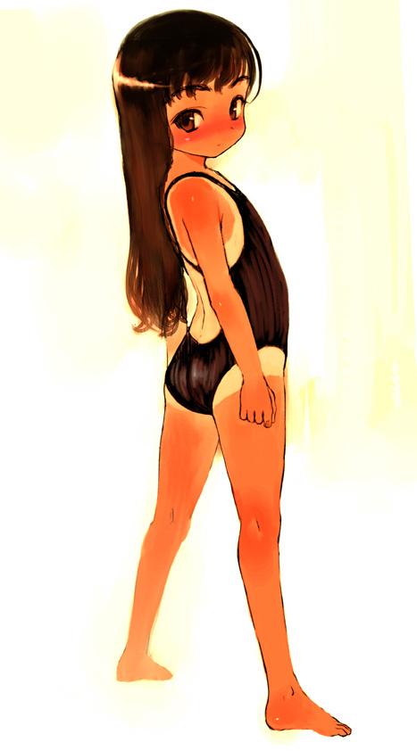 sasahara yuuki, 1girl, barefoot, black hair, blush, brown eyes, competition swimsuit, feet, female focus, flat chest, full body, legs apart, long hair, looking back, one-piece swimsuit, one-piece tan, simple background, solo, standing, swimsuit, tan, tanline, white background