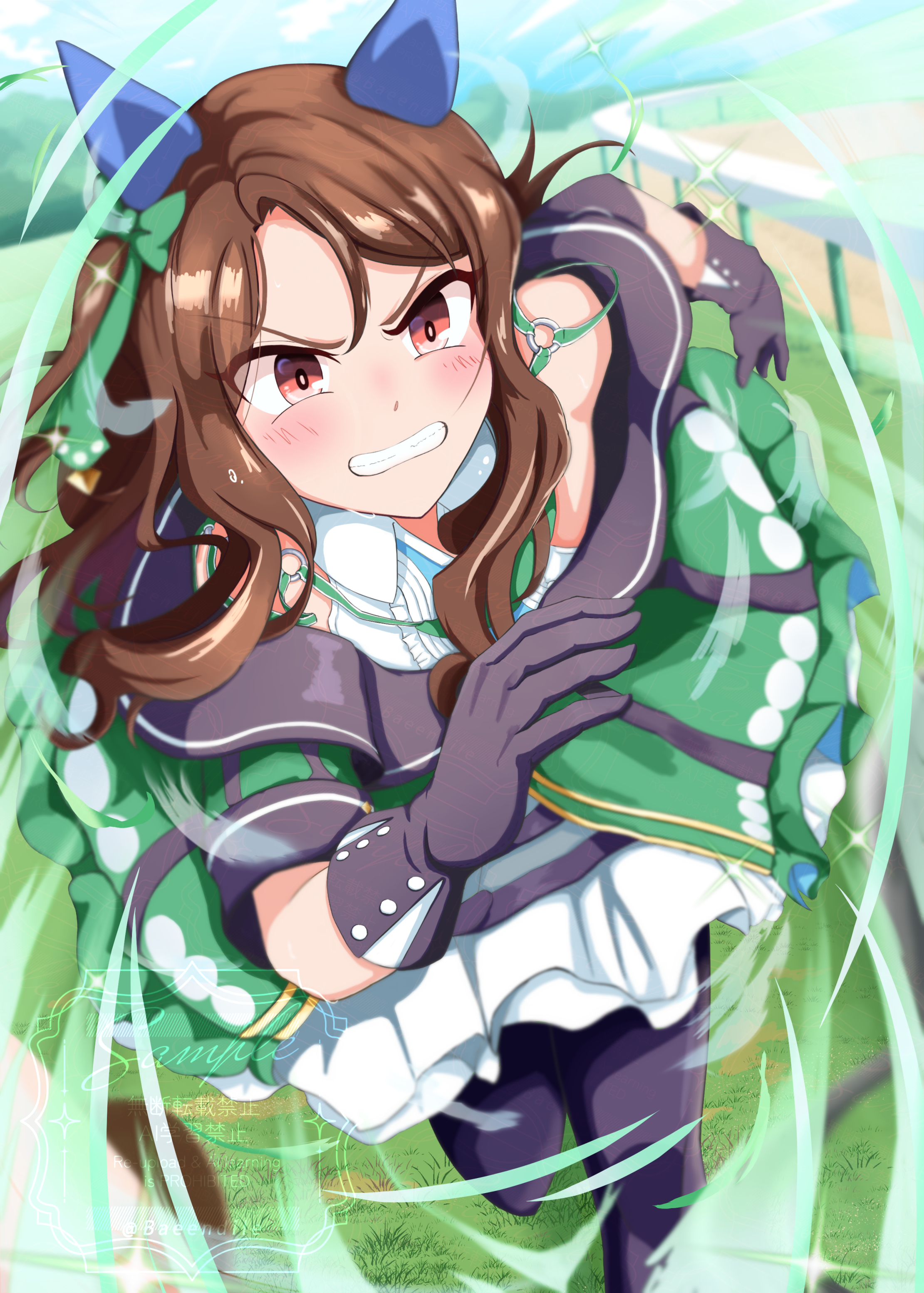 baeendile, king halo (umamusume), umamusume, absurdres, highres, 1girl, animal ears, blush, bow, breasts, brown hair, clenched teeth, dress, ear bow, ear covers, ear ribbon, gloves, grass, green bow, green dress, horse ears, horse girl, horse racing track, long hair, looking at viewer, open mouth, outdoors, pantyhose, red eyes, running, solo, teeth