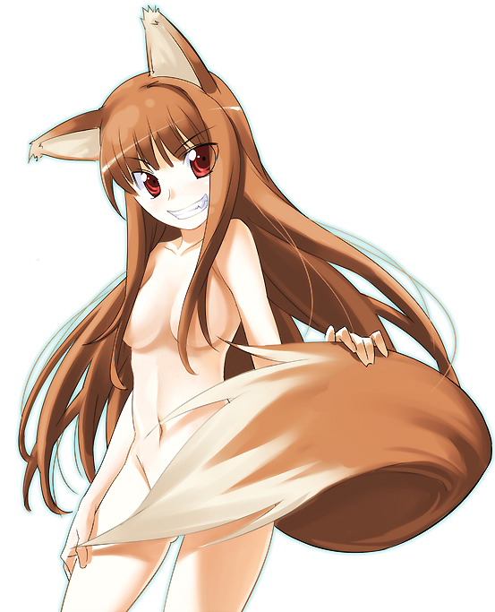 chikugen shiina, holo, spice and wolf, 00s, animal ears, brown hair, long hair, nude, red eyes, solo, tail, wolf ears, wolf tail