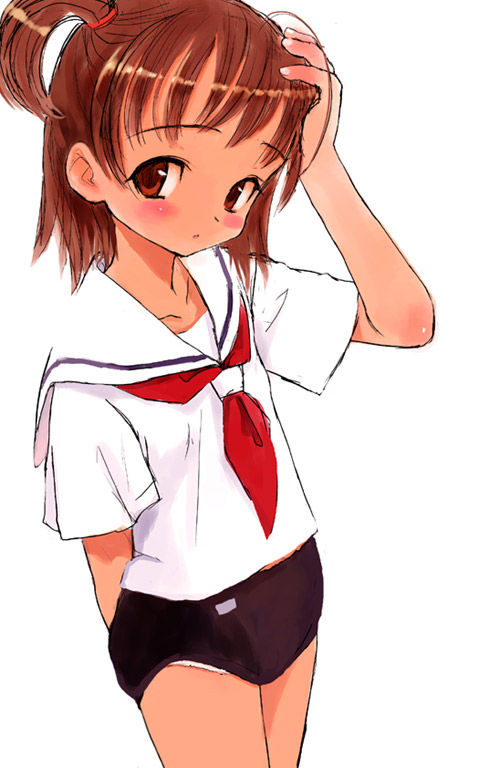sasahara yuuki, ahoge, blush, brown eyes, brown hair, buruma, hand on own head, panties, school uniform, serafuku, short hair, side ponytail, underwear, white panties