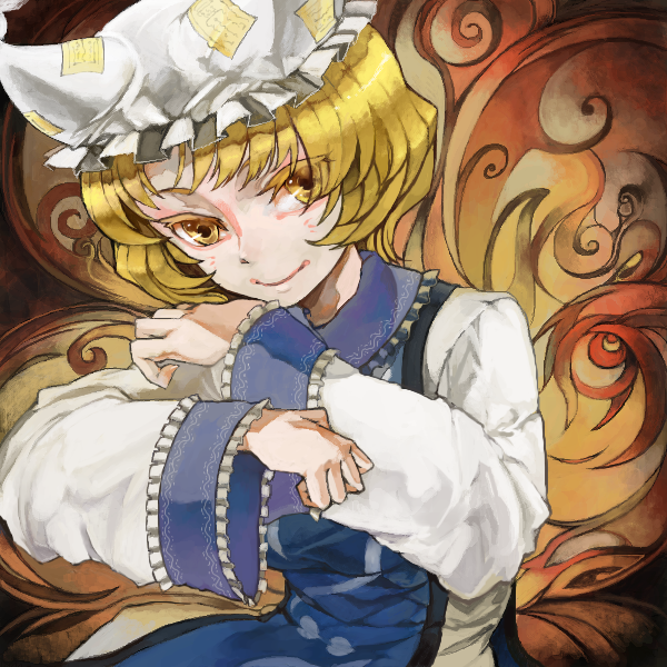 xero, yakumo ran, touhou, 1girl, animal hat, blonde hair, crossed arms, dress, female focus, hat, long sleeves, looking at viewer, mob cap, ofuda, short hair, solo, tabard, tassel, white dress, wide sleeves, yellow eyes