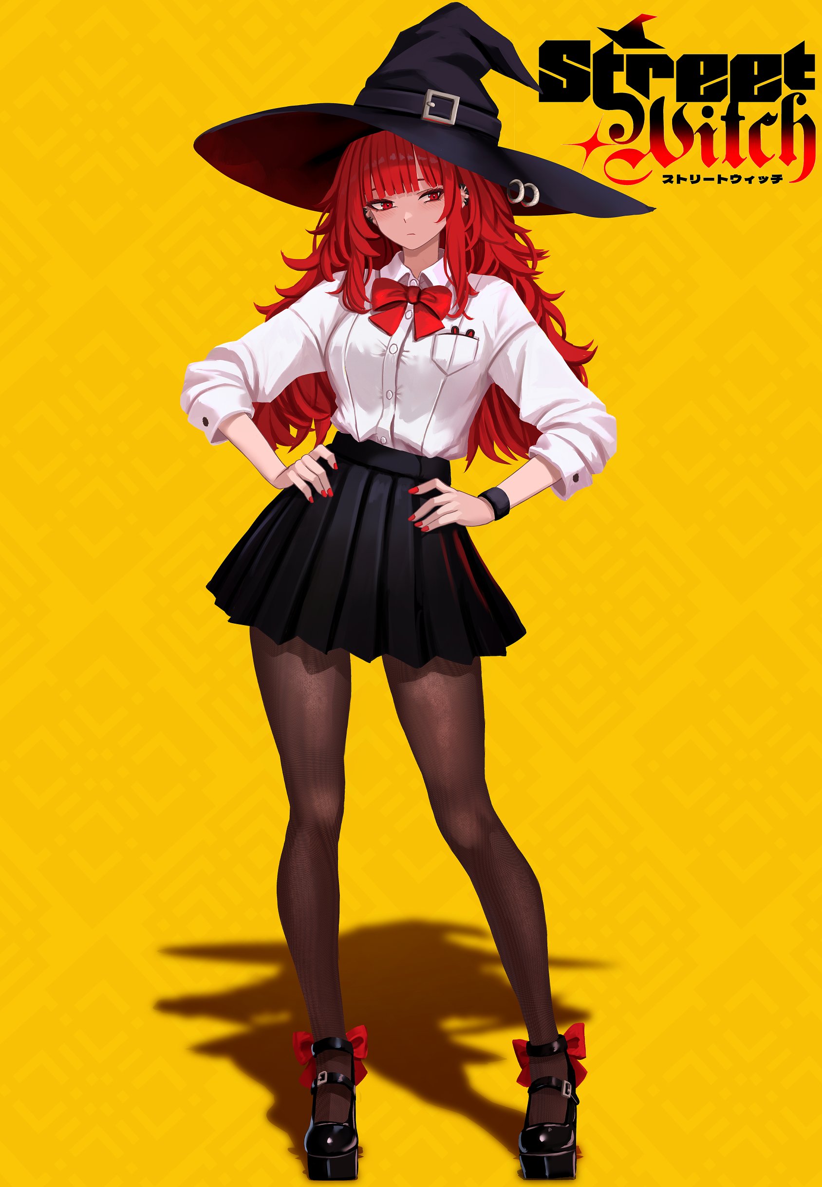 yan kodiac, val (yan kodiac), original, absurdres, commentary, english commentary, highres, 1girl, black hat, black pantyhose, black skirt, blunt bangs, bow, bowtie, breasts, contrapposto, ear piercing, earrings, hands on own hips, hat, jewelry, long hair, nail polish, pantyhose, piercing, pleated skirt, red bow, red bowtie, red eyes, red hair, red nails, shadow, shirt, shoes, skirt, solo, standing, white shirt, witch hat, yellow background