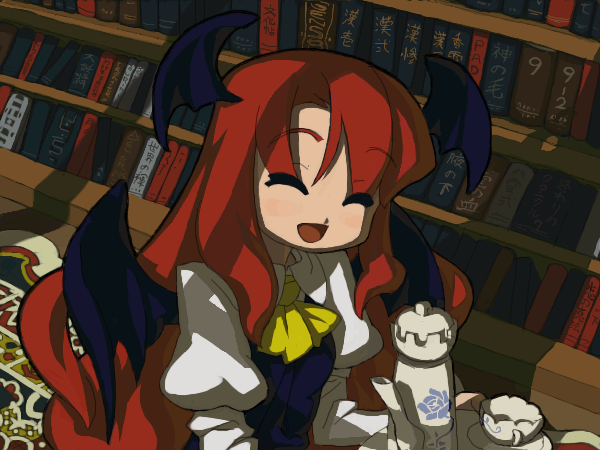 koakuma, embodiment of scarlet devil, touhou, 1girl, ^ ^, book, closed eyes, female focus, head wings, library, solo, tea, voile, wings