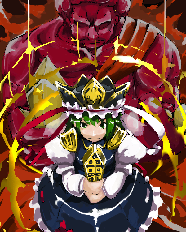 enpou, shiki eiki, touhou, 1boy, 1girl, black hat, bow, dotfight, female focus, green eyes, green hair, hat, oekaki, ribbon, rod of remorse, short hair, skirt, solo