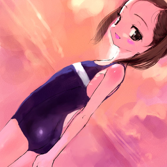sasahara yuuki, beach, black eyes, blush, brown hair, dutch angle, fang, flat chest, looking back, one-piece swimsuit, smile, solo, sunset, swimsuit, twintails