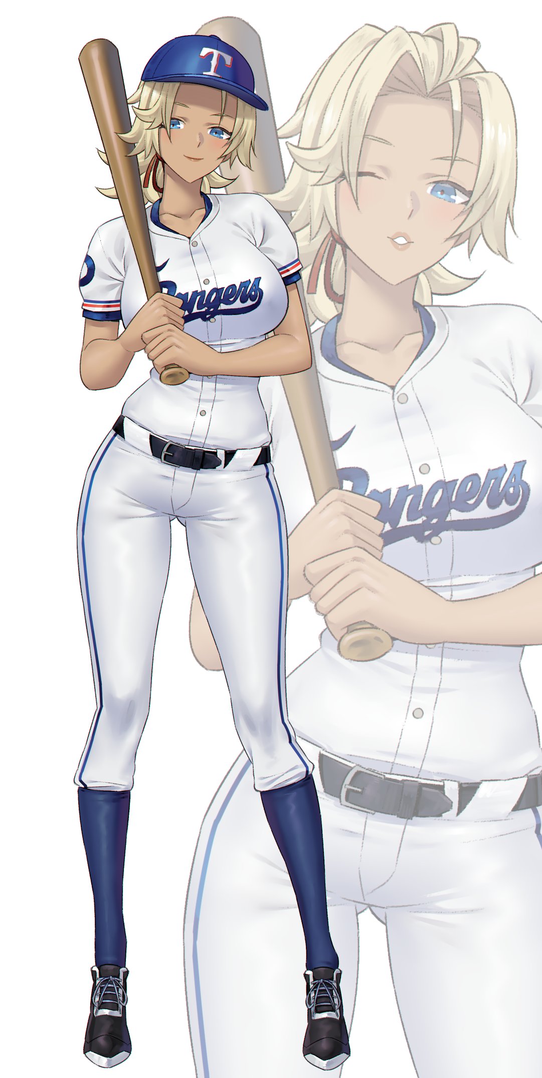 igni tion, catherine (fire emblem), fire emblem, fire emblem: three houses, nintendo, commentary, commission, highres, 1girl, baseball bat, baseball cap, baseball uniform, belt, black belt, black shoes, blonde hair, blue eyes, blue hat, blue socks, breasts, closed mouth, full body, hat, holding, holding baseball bat, large breasts, pants, shirt, shoes, simple background, smile, socks, solo, sportswear, standing, white background, white pants, white shirt, zoom layer