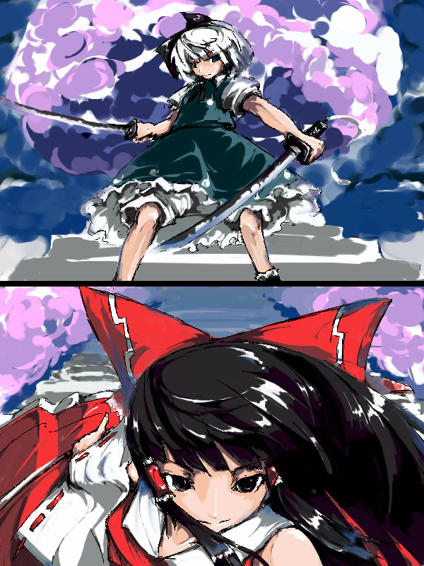 enpou, hakurei reimu, konpaku youmu, touhou, 2girls, dotfight, female focus, katana, multiple girls, oekaki, skirt, sword, weapon