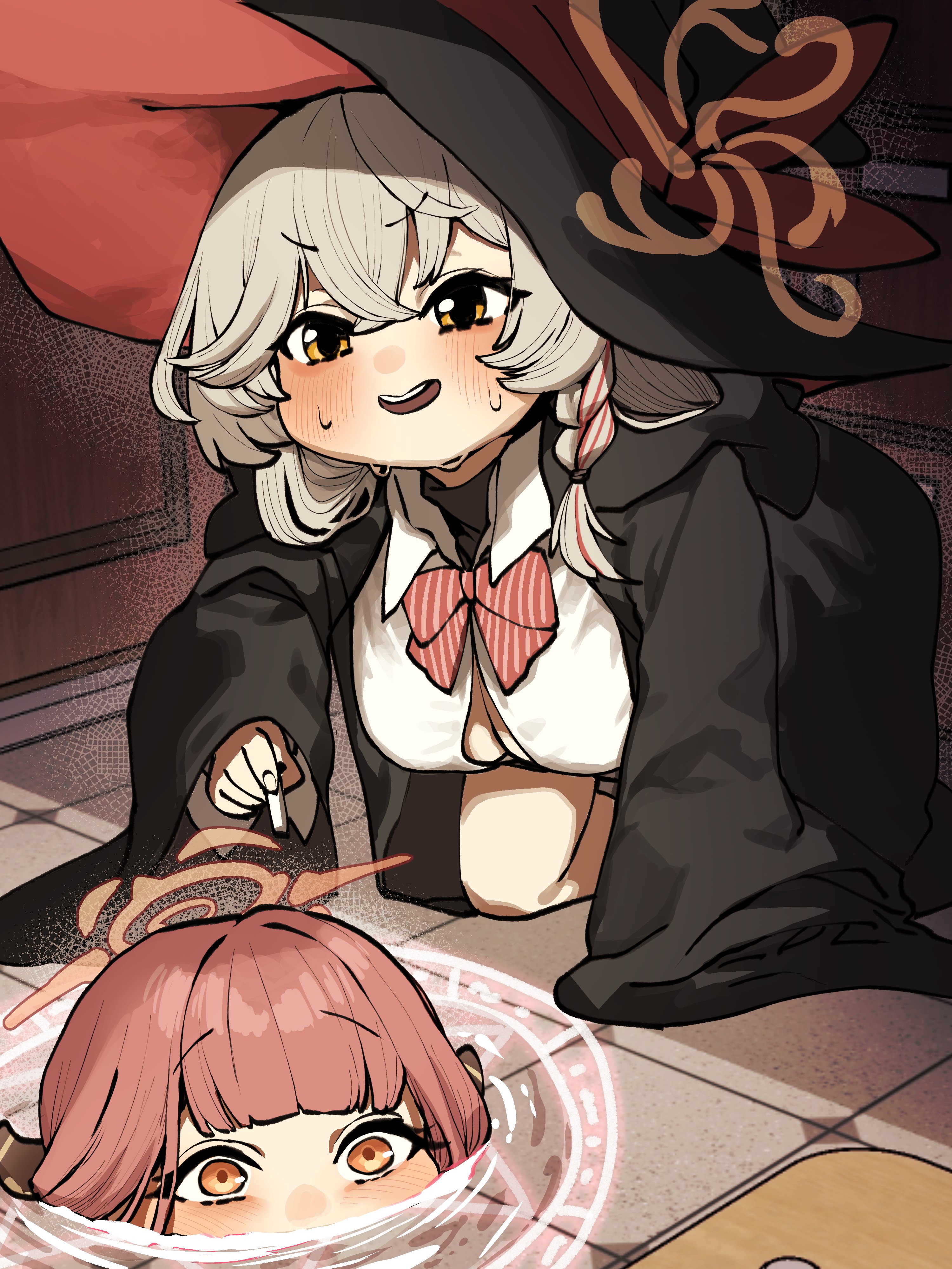 chroong, aru (blue archive), eri (blue archive), blue archive, absurdres, highres, 2girls, black jacket, bow, bowtie, braid, breasts, button gap, chalk, cleavage, crossed bangs, demon horns, floor, hair between eyes, halo, hat, hat ribbon, holding, holding chalk, hood, hood down, hooded jacket, horns, jacket, kneeling, multiple girls, neck ribbon, nervous sweating, open clothes, open jacket, open mouth, orange halo, pink hair, red bow, red bowtie, red ribbon, ribbon, school uniform, shirt, side braid, single braid, sleeves past wrists, summoning, sweat, white hair, white shirt, witch hat, yellow eyes