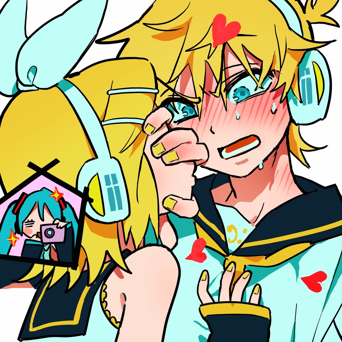 vivinos, hatsune miku, kagamine len, kagamine rin, vocaloid, commentary, english commentary, highres, 1boy, 2girls, black sailor collar, blonde hair, blue eyes, blush, bow, camera, hair ornament, hairclip, headphones, heart, hetero, holding, holding camera, multiple girls, open mouth, puckered lips, pushing away, sailor collar, shirt, short hair, sweat, taking picture, white shirt, yellow nails