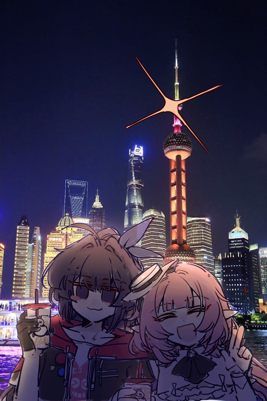 bilizinger, elysia (honkai impact), elysia (sweet memories) (honkai impact), raiden mei, honkai (series), honkai impact 3rd, chinese commentary, commentary request, highres, 2girls, ahoge, black jacket, building, cup, disposable cup, dress, elf, holding, holding cup, jacket, long hair, multiple girls, night, night sky, official alternate costume, outdoors, photo background, pink hair, pointy ears, purple eyes, purple hair, sky, skyscraper, smile, tilted headwear, very long hair, w, white dress
