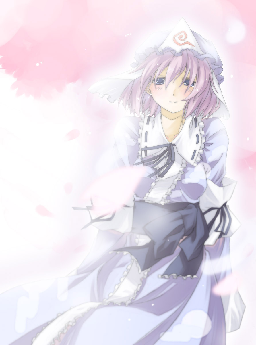 yuuki eishi, saigyouji yuyuko, touhou, highres, 1girl, blush, dress, female focus, gradient background, hat, solo, white background