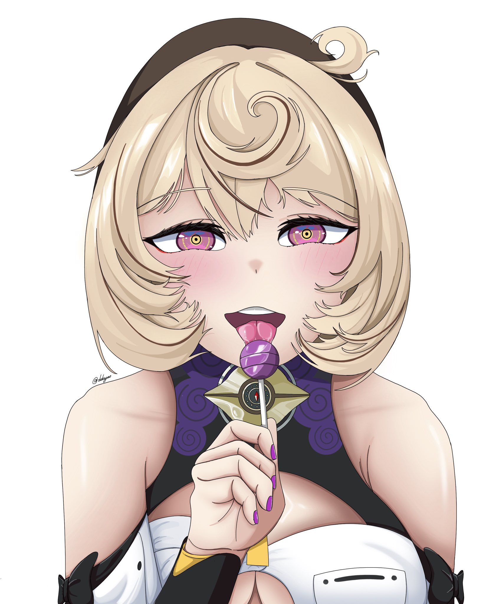 yidhari (zenless zone zero), zenless zone zero, highres, 1girl, :d, ahoge, bare shoulders, black hat, blonde hair, candy, cleavage cutout, clothing cutout, dukeyeo, food, hand up, hat, holding, holding candy, holding food, holding lollipop, lollipop, looking at viewer, nail polish, open mouth, purple eyes, purple nails, short hair, smile, solo, tongue, tongue out, upper body
