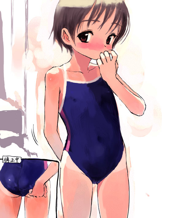 sasahara yuuki, original, translation request, 1girl, adjusting clothes, adjusting swimsuit, arms behind back, ass, blue one-piece swimsuit, blush, brown eyes, brown hair, cowboy shot, hand to own mouth, loli, looking at viewer, multiple views, one-piece swimsuit, school swimsuit, short hair, single vertical stripe, swimsuit