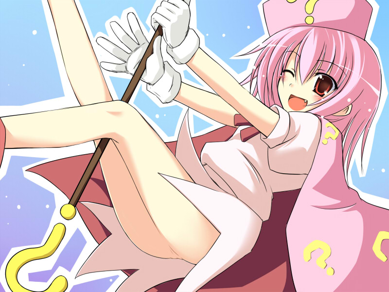 nagami yuu, hatena yousei, benesse, 1girl, ;d, ?, blue background, blush, cape, dress, female focus, gloves, hat, holding, no panties, one eye closed, open mouth, pink hair, pink hat, red eyes, short hair, simple background, smile, solo, staff, tareme, tate eboshi, wand, white dress, white gloves