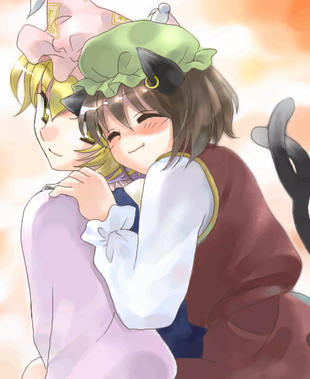 coco (artist), chen, yakumo ran, touhou, 2girls, animal ears, animal hat, blonde hair, brown hair, carrying, cat ears, cat girl, cat tail, closed eyes, earrings, fang, female focus, hat, jewelry, long sleeves, looking back, mob cap, multiple girls, multiple tails, piggyback, short hair, smile, tail, tassel, yellow eyes