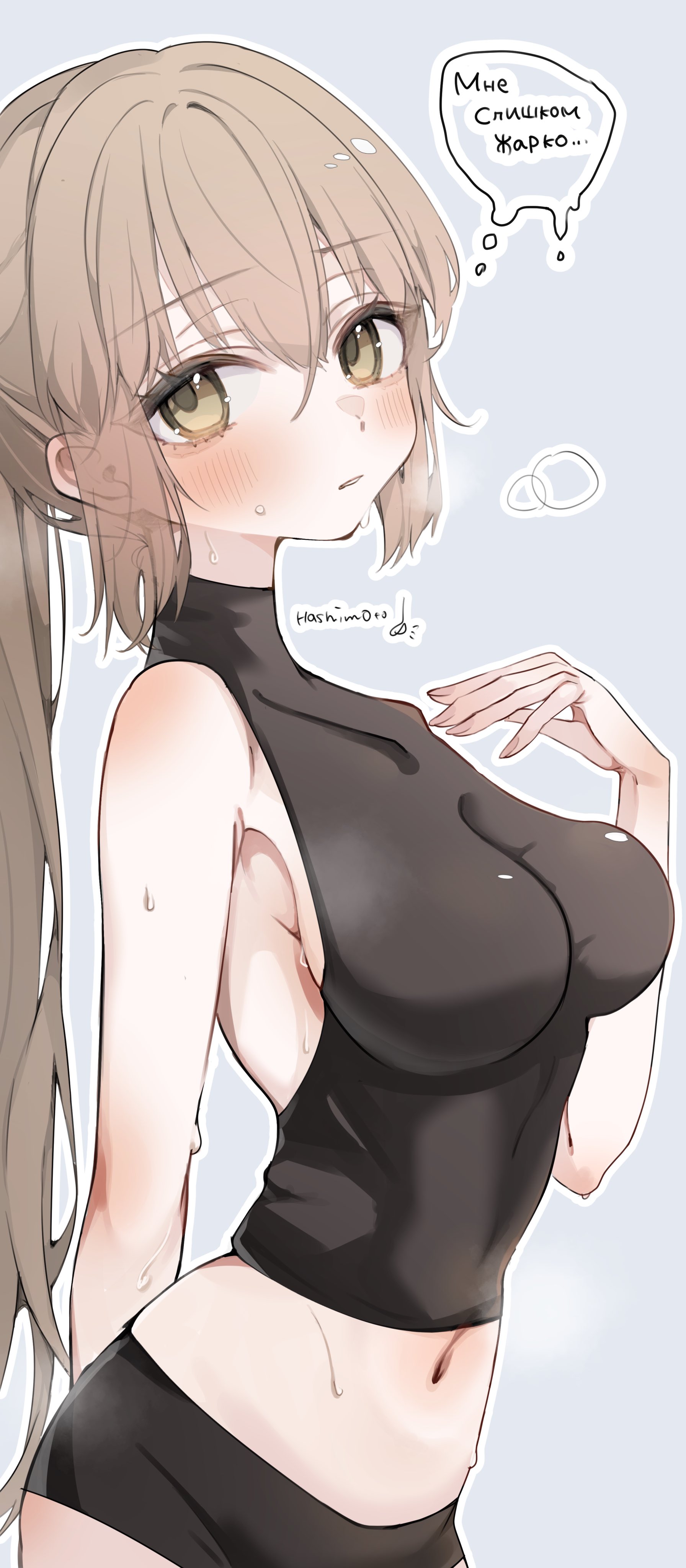 raymie0124, tashkent (kancolle), kantai collection, absurdres, highres, 1girl, armpits, bike shorts, black shorts, breasts, brown eyes, brown hair, cleavage, grey background, large breasts, looking at viewer, navel, ponytail, shorts, simple background, sleeveless, solo, undersuit