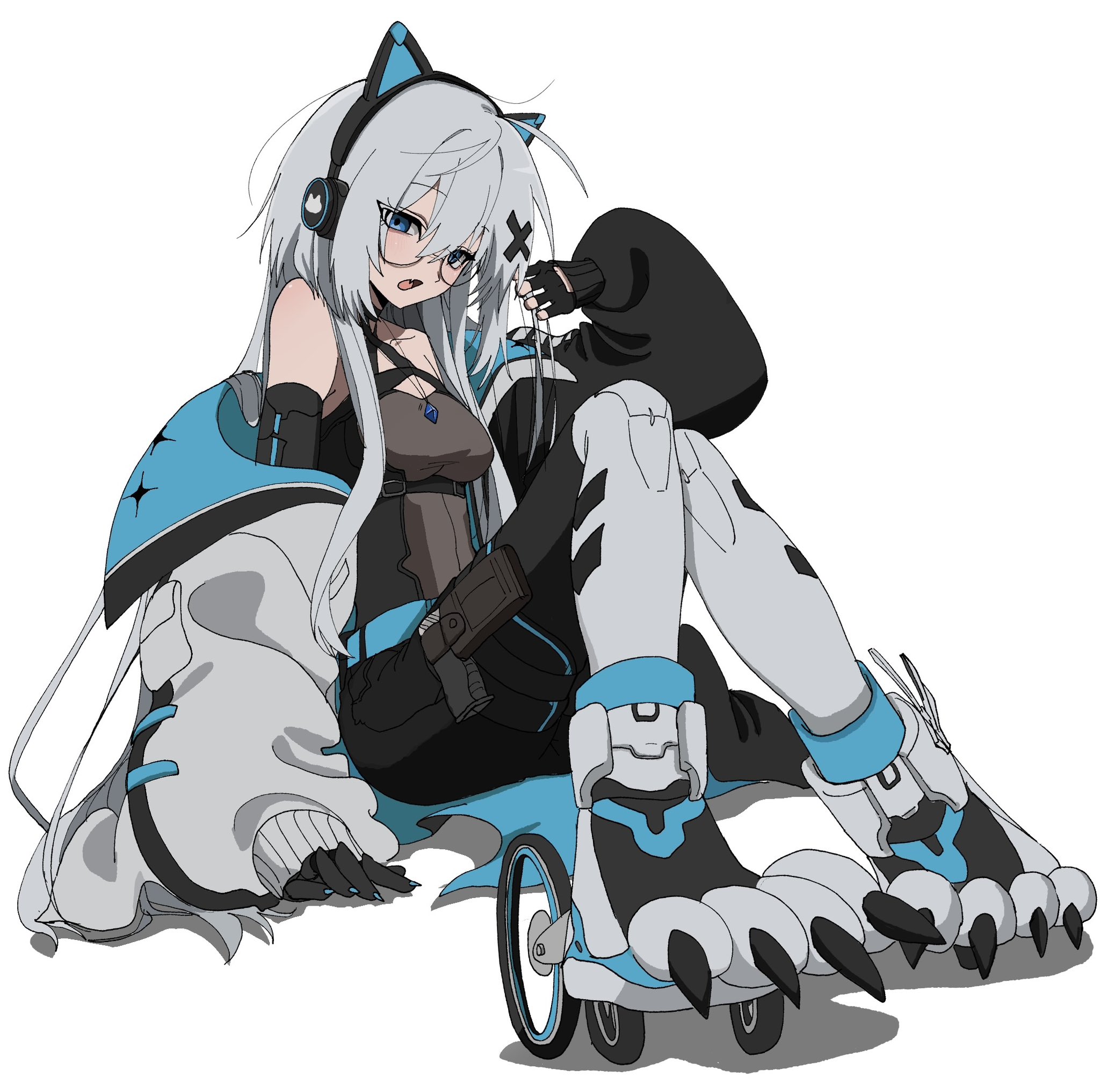 highres, 1girl, animal ear headphones, animal ears, bare shoulders, blue eyes, breasts, cat ear headphones, choker, collarbone, fake animal ears, fingerless gloves, glasses, gloves, grey hair, hair ornament, headphones, jacket, ku sumi777, long hair, medium breasts, off shoulder, open clothes, open jacket, open mouth, paw shoes, sitting, solo