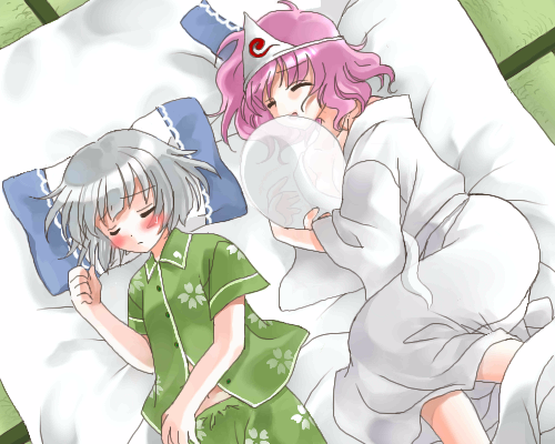 coco (artist), konpaku youmu, konpaku youmu (ghost), saigyouji yuyuko, touhou, lowres, 2girls, female focus, hitodama, multiple girls, pajamas, sleeping