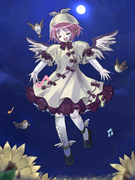 coco (artist), mystia lorelei, touhou, 1girl, bird, female focus, fingernails, full body, long fingernails, moon, music, outdoors, plant, sharp fingernails, singing, sky, solo