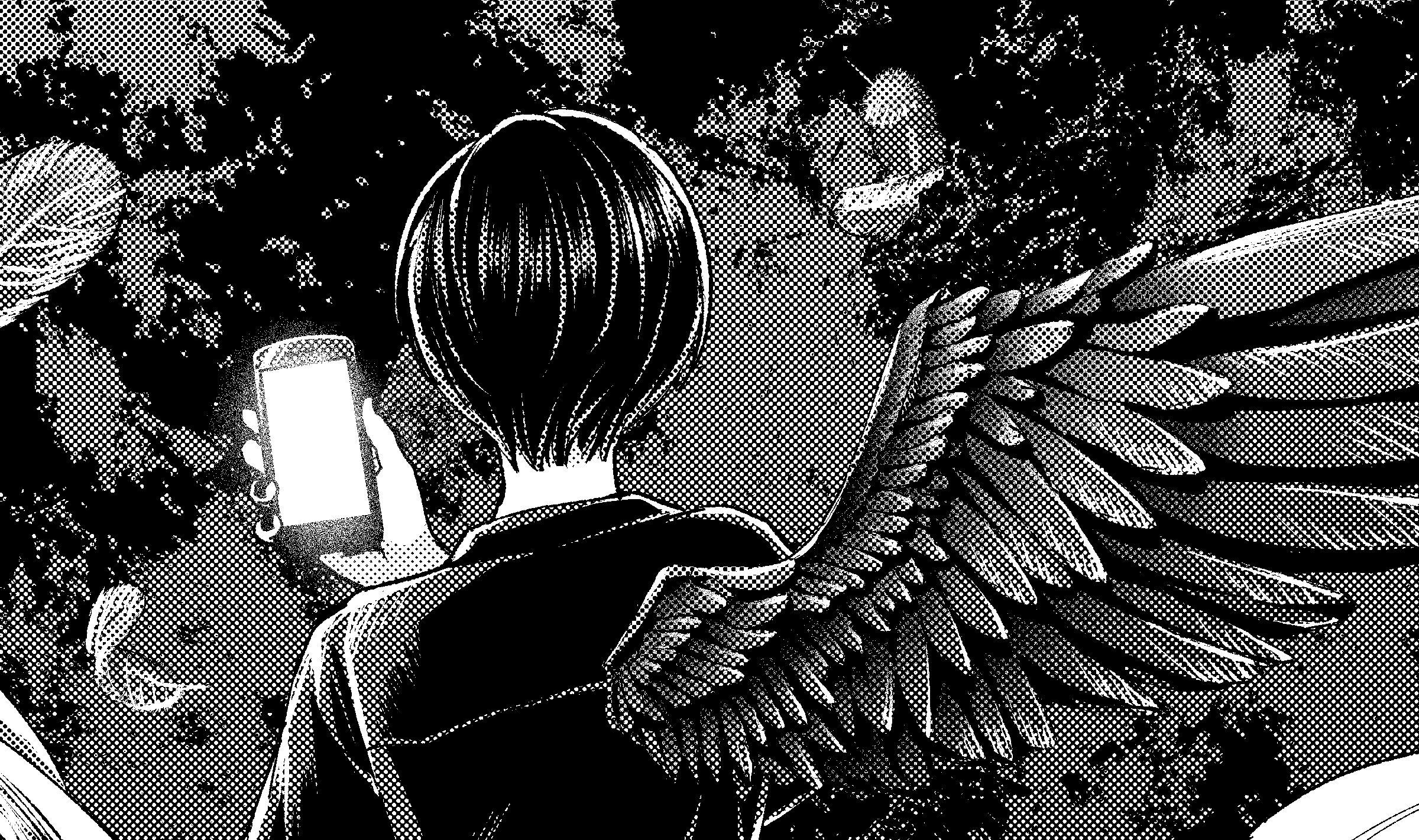 highres, feathered wings, feathers, from behind, greyscale, holding, holding phone, monochrome, nanase hachi, oyasumi stray sheep, phone, short hair, solo, wings
