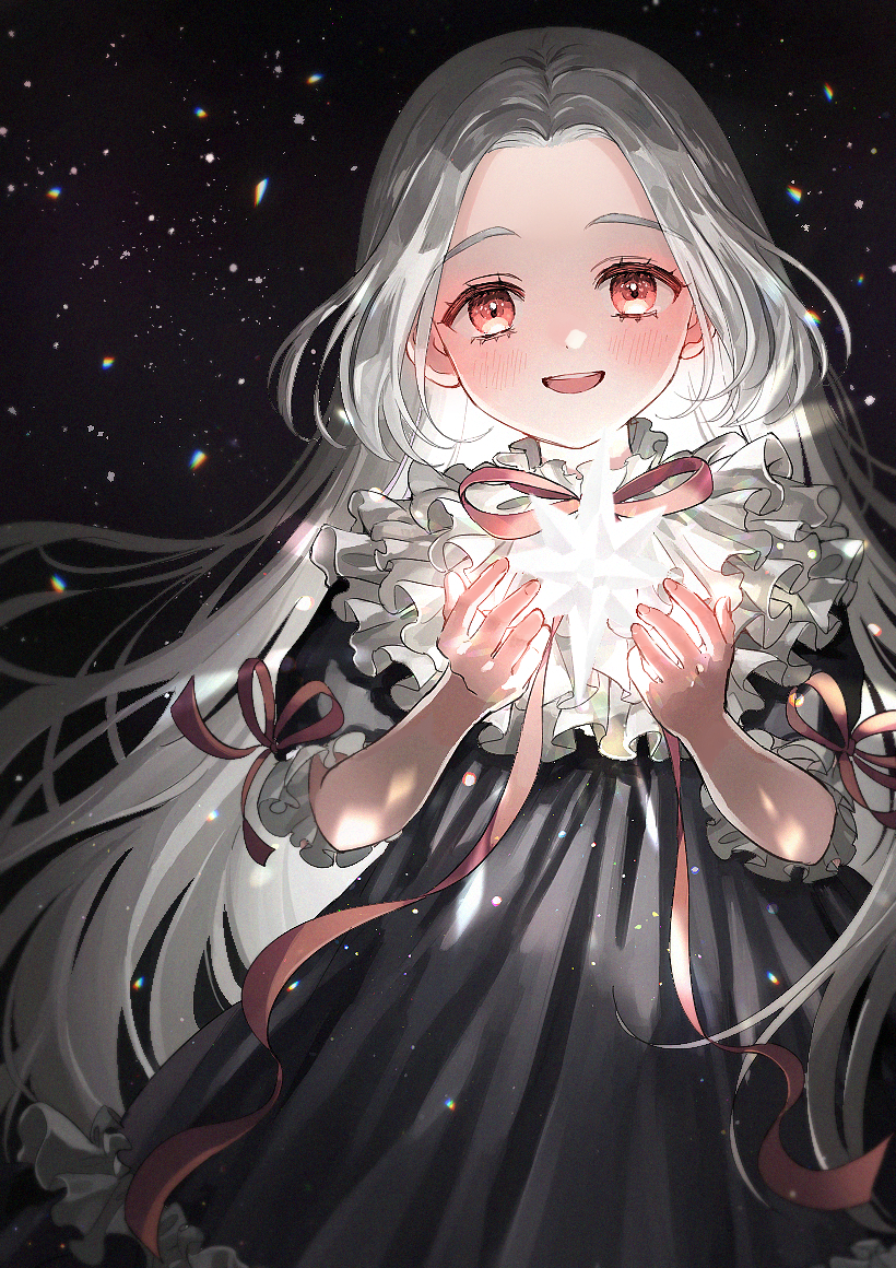 original, 1girl, :d, blush, dress, grey dress, grey hair, hoshikuzu no kodomotachi, long hair, looking at viewer, nanase hachi, open mouth, pink eyes, pink ribbon, ribbon, smile, solo, standing, star (symbol)