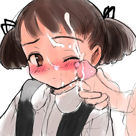 sasahara yuuki, copyright request, 1girl, ;<, blush, brown eyes, brown hair, cum, cum on body, facial, loli, one eye closed, penis, short twintails, sketch, solo focus, twintails, wink