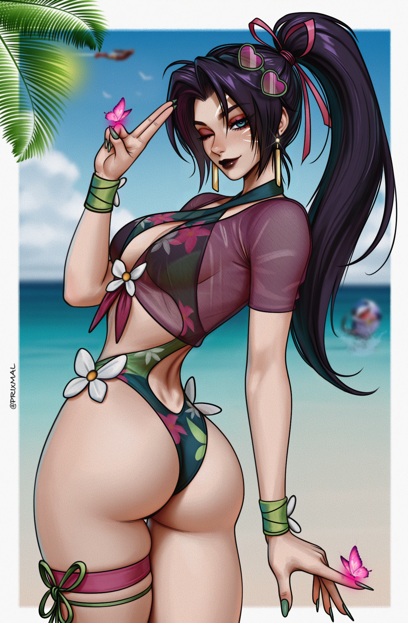 prixmal, iron man, jeff (marvel), psylocke, psylocke (breezy butterfly), marvel, marvel rivals, x-men, ai-assisted, highres, 1girl, ass, breasts, cleavage, green one-piece swimsuit, hair ribbon, large breasts, long hair, looking at viewer, official alternate costume, one-piece swimsuit, one eye closed, ponytail, purple hair, ribbon, swimsuit, water