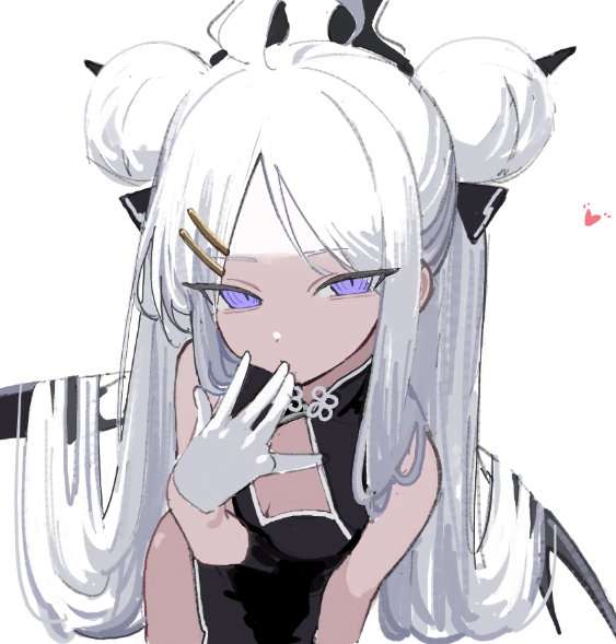 rotroto, hina (blue archive), blue archive, 1girl, ahoge, breasts, china dress, chinese clothes, demon girl, demon horns, demon wings, double bun, dress, hair bun, heart, horns, long hair, looking at viewer, purple eyes, simple background, small breasts, solo, very long hair, white background, white hair, wings