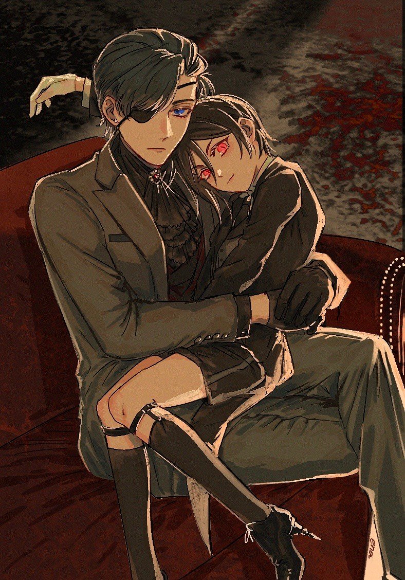 ena33333333, ciel phantomhive, sebastian michaelis, kuroshitsuji, 2boys, age difference, age switch, aged down, aged up, black hair, blue eyes, closed mouth, earrings, eyepatch, formal clothes, gloves, hair between eyes, jewelry, male focus, multiple boys, onii-shota, red eyes, short hair, suit, victorian
