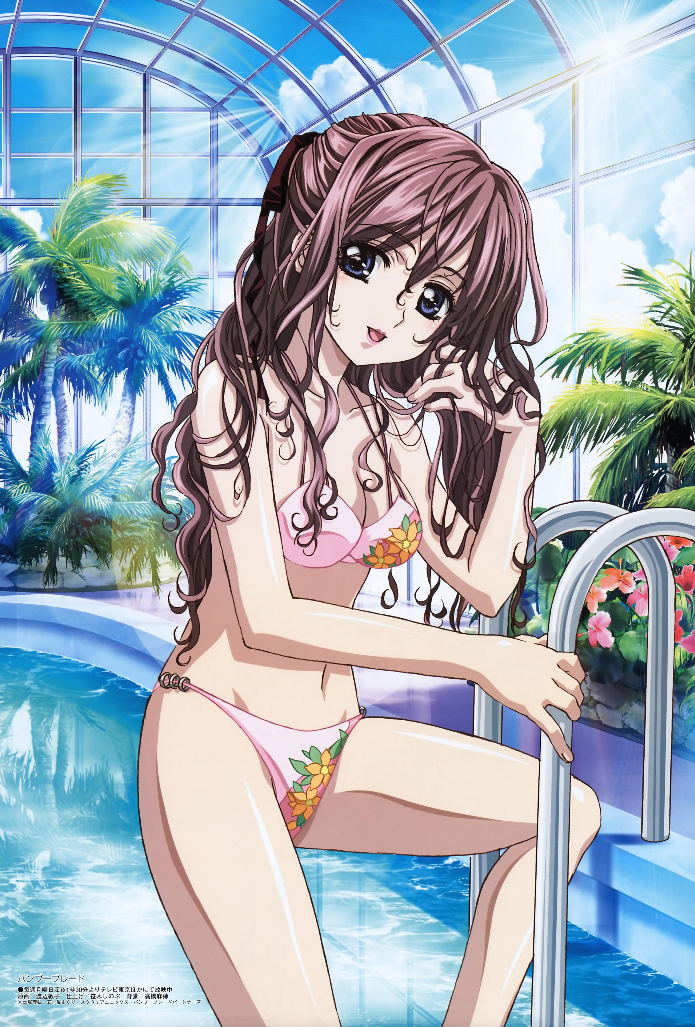 watanabe atsuko, miyazaki miyako, bamboo blade, megami magazine, absurdres, highres, non-web source, official art, scan, 00s, 1girl, :d, adjusting hair, bikini, blue eyes, blush, breasts, cleavage, climbing, cloud, cowboy shot, day, female focus, fern, floral print, flower, from side, hair between eyes, hair ribbon, half updo, head tilt, hibiscus, holding, holding own hair, indoor pool, indoors, lens flare, light rays, lipstick, long hair, looking at viewer, makeup, medium breasts, navel, o-ring, o-ring bikini, o-ring bottom, open mouth, palm tree, pink bikini, pool, pool ladder, poolside, print bikini, purple hair, reflection, ribbon, sky, smile, solo, spread legs, standing, sunbeam, sunlight, swimsuit, tree, wavy hair, window