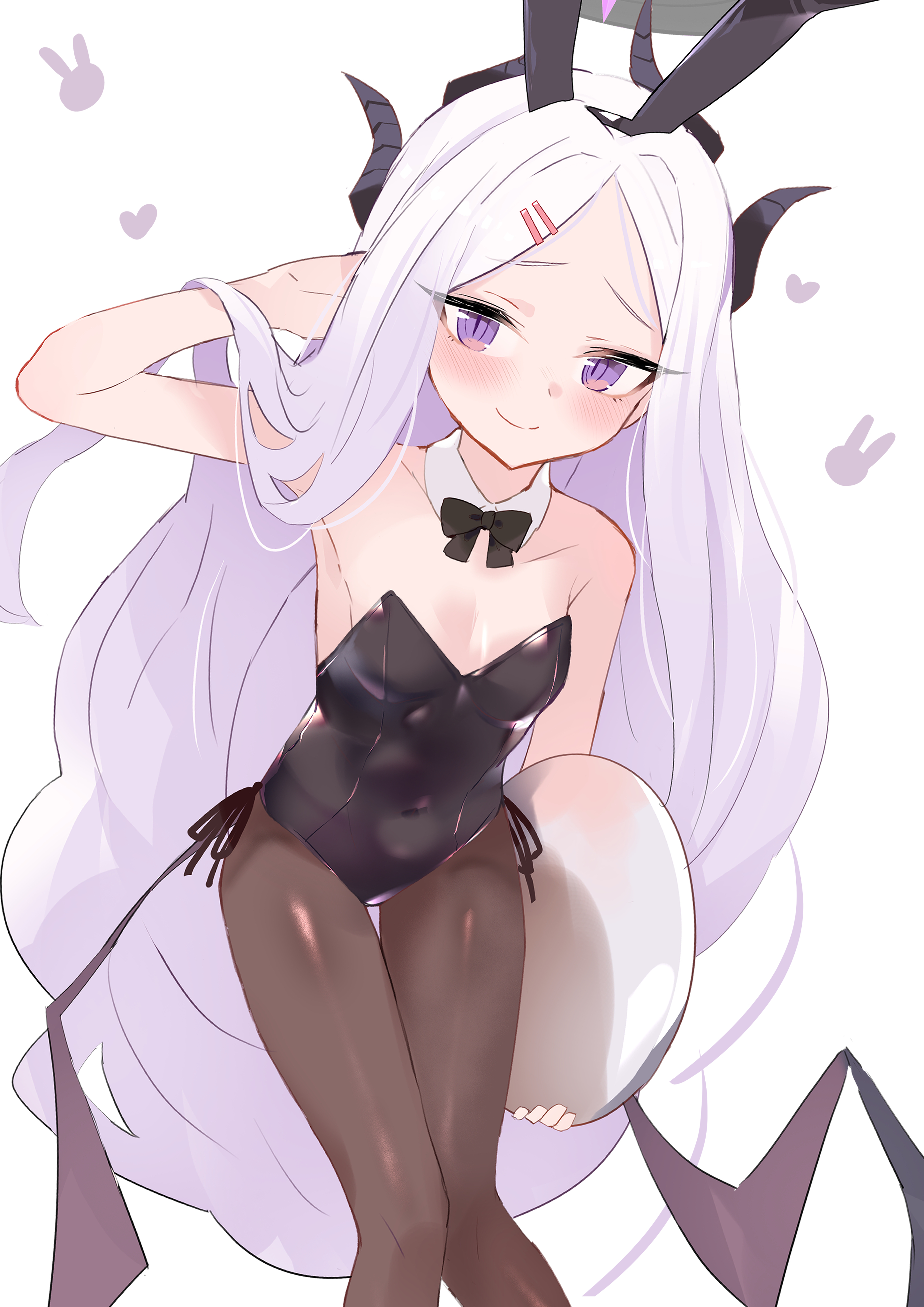 ura ra1800, hina (blue archive), blue archive, absurdres, highres, ahoge, animal ears, black halo, blush, breasts, demon girl, demon horns, demon wings, halo, horns, leotard, long hair, playboy bunny, purple eyes, rabbit ears, small breasts, standing, thigh gap, very long hair, white hair, wings