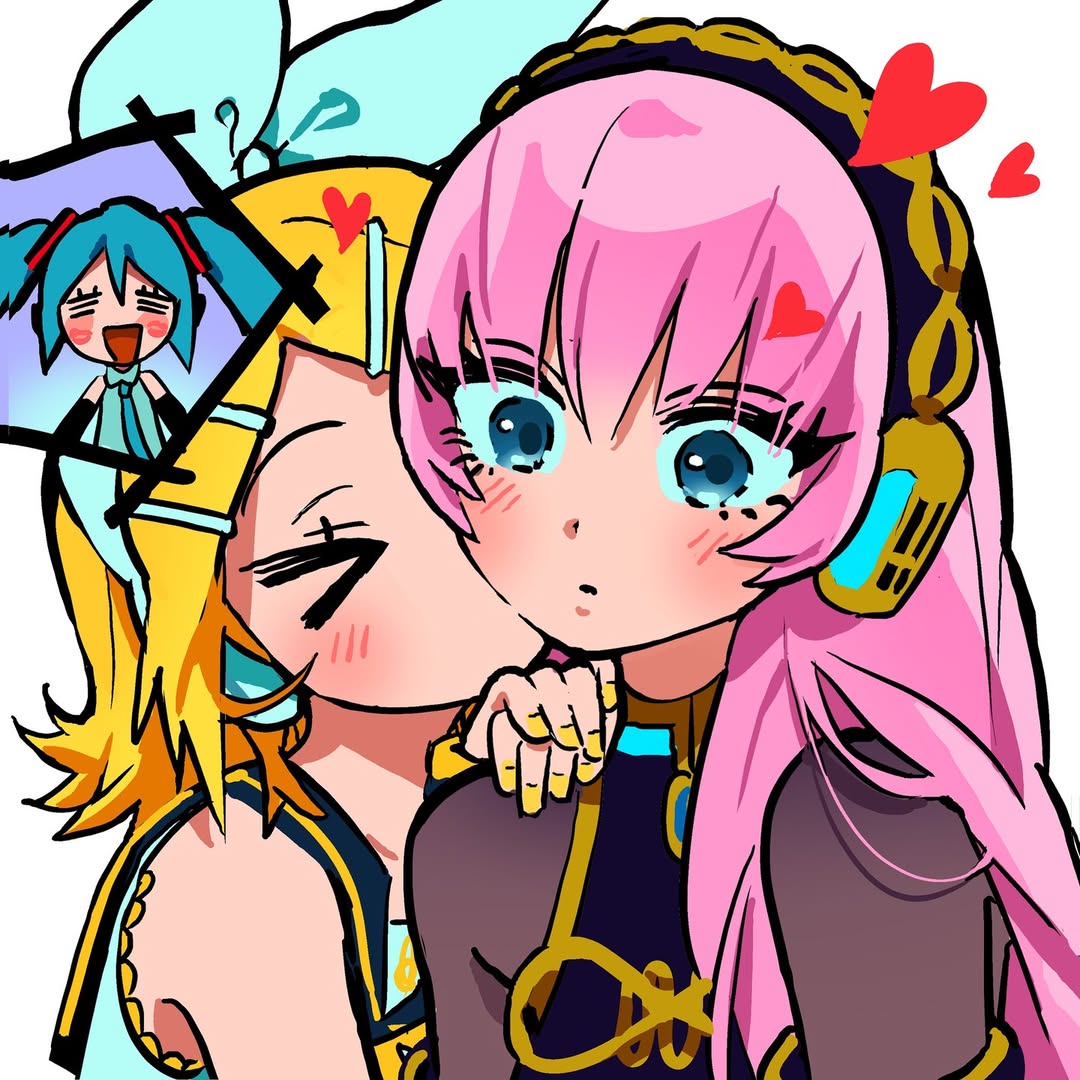 vivinos, hatsune miku, kagamine rin, megurine luka, vocaloid, 3girls, blonde hair, blue eyes, blush, closed eyes, hair ornament, hairclip, hand on another's shoulder, headphones, heart, kiss, kissing cheek, long hair, multiple girls, parted lips, pink hair, short hair, smile, surprise kiss, surprised, twintails, yuri