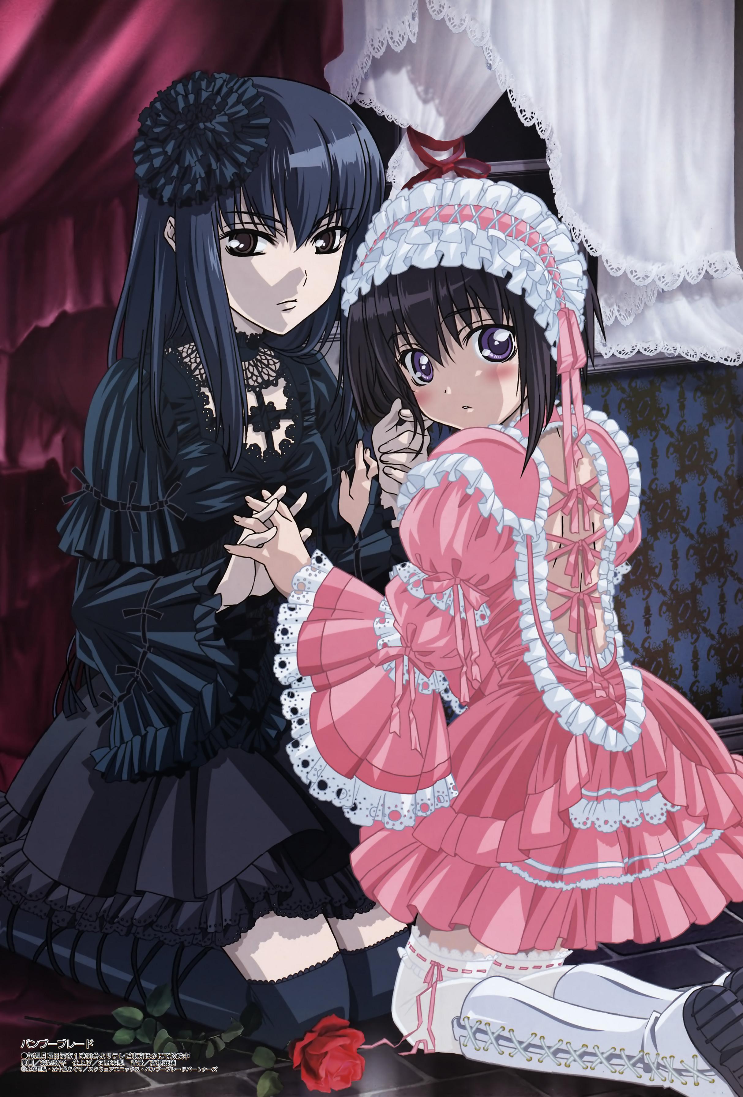 watanabe atsuko, kawazoe tamaki, suzuki rin, bamboo blade, megami magazine, absurdres, highres, non-web source, 00s, 2girls, black hair, blush, dress, frills, gothic lolita, holding hands, lolita fashion, long hair, multiple girls, ribbon, short hair
