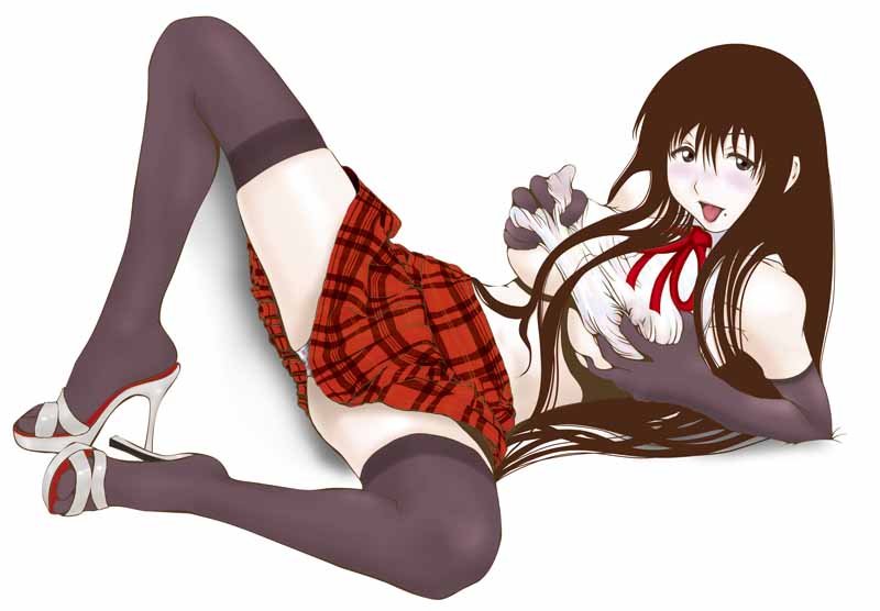 rocket okaboshi, oono kanako, genshiken, 00s, 1girl, breasts, elbow gloves, female focus, gloves, grabbing another's breast, groping, high heel sandals, high heels, large breasts, sandals, shoes, skirt, solo, spread legs, thighhighs, zettai ryouiki