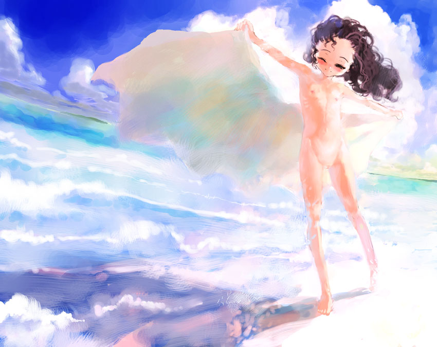 sasahara yuuki, copyright request, 1girl, beach, brown hair, cleft of venus, day, female focus, loli, navel, nipples, nude, nudist, open towel, pussy, solo, towel, uncensored, wet