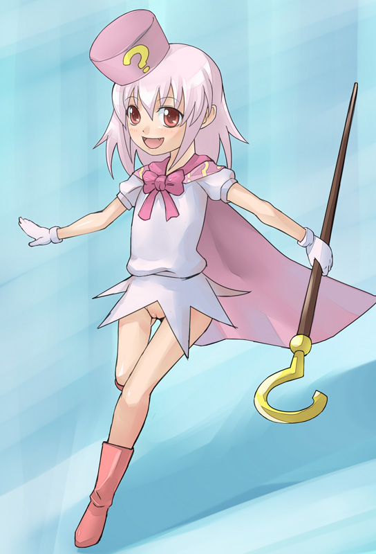 baanin, hatena yousei, benesse, 1girl, :d, ?, boots, cape, fang, female focus, gloves, hat, long hair, no panties, open mouth, pink hair, pink hat, pussy, red eyes, smile, solo, staff