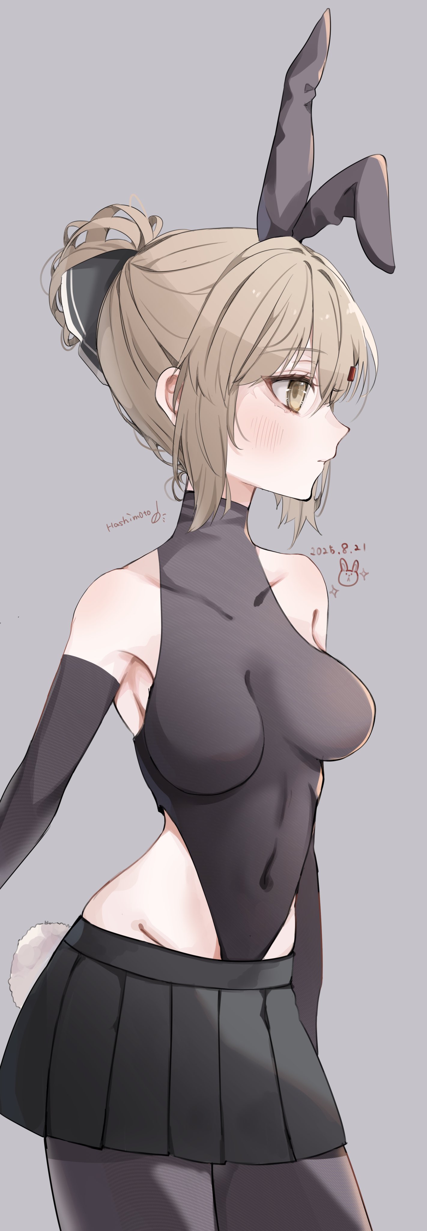 raymie0124, tashkent (kancolle), kantai collection, absurdres, highres, 1girl, animal ears, arm warmers, armpits, black leotard, black shorts, black skirt, breasts, brown eyes, brown hair, cleavage, folded ponytail, grey background, highleg, large breasts, leotard, looking at another, miniskirt, navel, pleated skirt, ponytail, rabbit ears, shorts, simple background, skirt, sleeveless, solo, undersuit