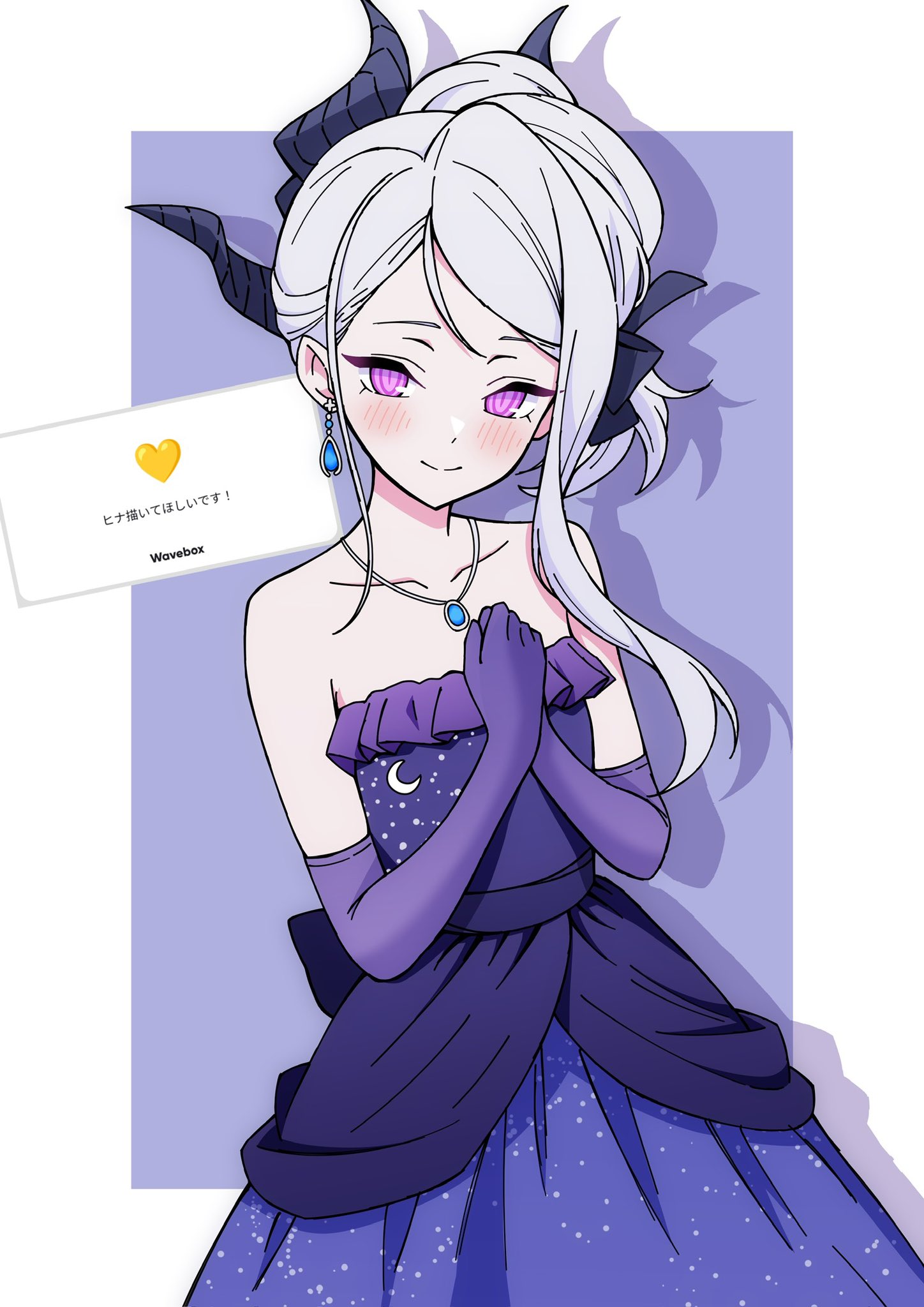 hina (blue archive), hina (dress) (blue archive), blue archive, highres, 1girl, blush, breasts, demon girl, demon horns, dress, earrings, elbow gloves, gloves, horns, jewelry, kano ba, long hair, looking at viewer, necklace, pendant, purple dress, purple eyes, purple gloves, small breasts, solo, white hair
