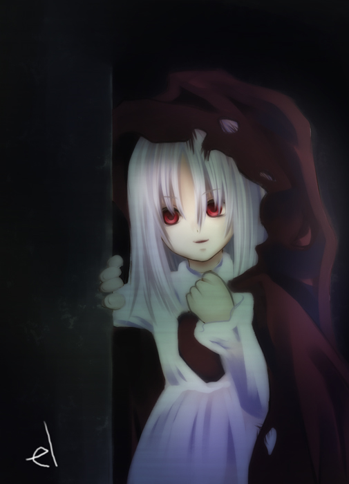 yukian, el (sound horizon), elysion, sound horizon, 1girl, albino, cape, dress, female focus, long hair, red eyes, solo, white dress, white hair