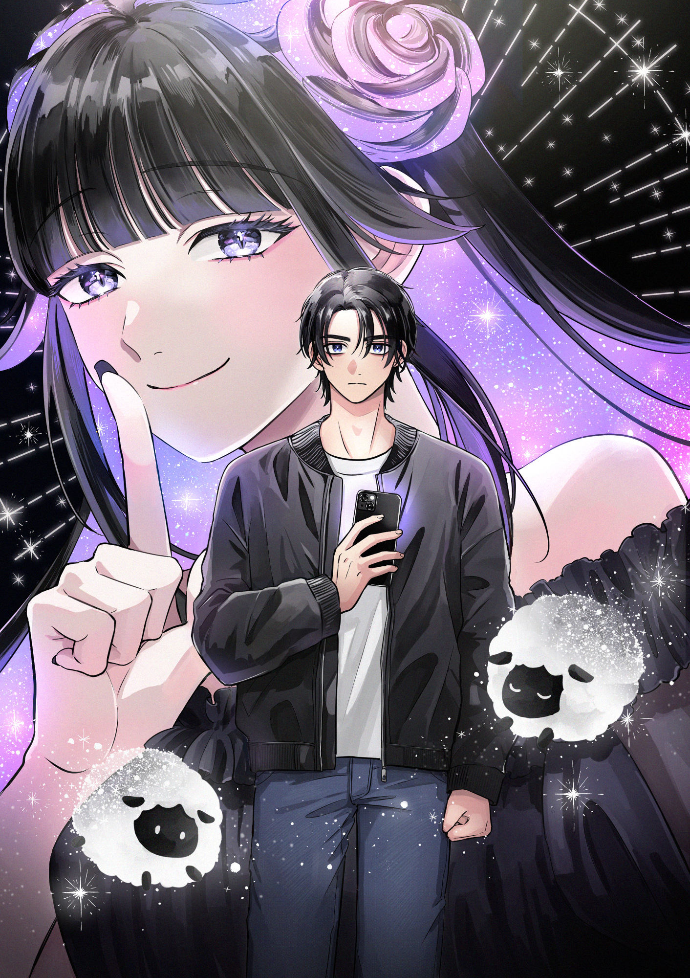 highres, 1boy, 1girl, arm at side, black hair, black jacket, black nails, colored inner hair, cover, cover page, flower, hair between eyes, hair flower, hair ornament, holding, holding phone, index finger raised, jacket, long hair, moroboshi shinya, multicolored hair, nanase hachi, open clothes, open jacket, oyasumi stray sheep, pants, phone, purple eyes, purple hair, sheep, shirt, short hair, smile, white shirt