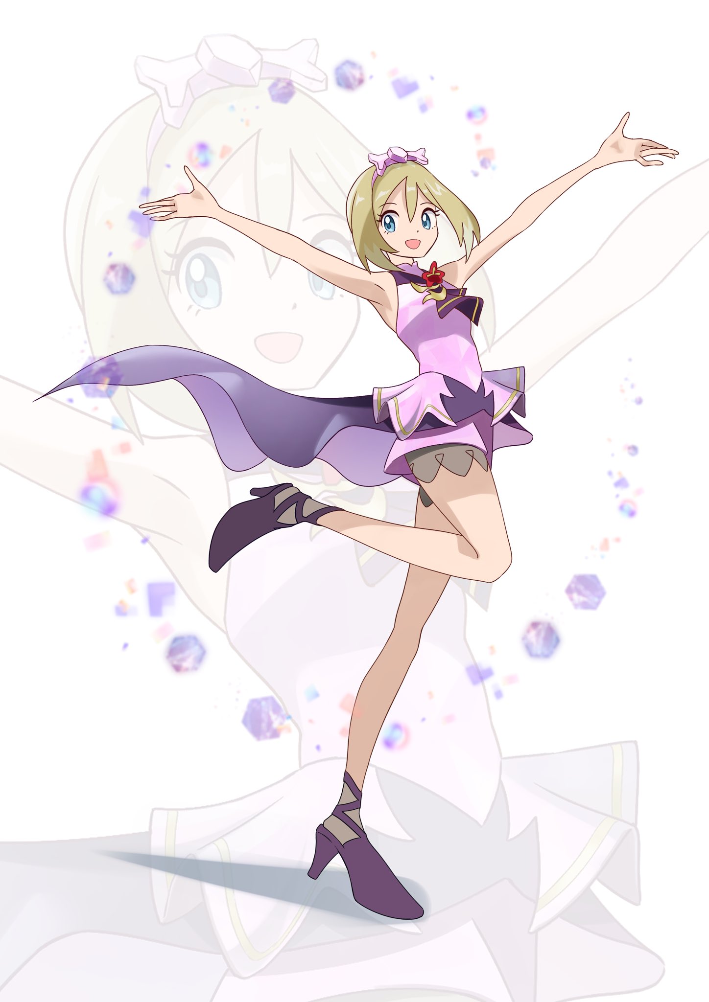 mikan (mikan no happa), irida (anniversary 2025) (pokemon), irida (pokemon), nintendo, pokemon, pokemon masters ex, highres, 1girl, blonde hair, breasts, dress, hair between eyes, headband, high heels, looking at viewer, neckerchief, official alternate costume, open mouth, purple dress, purple headband, purple neckerchief, short hair, sleeveless, sleeveless dress, smile