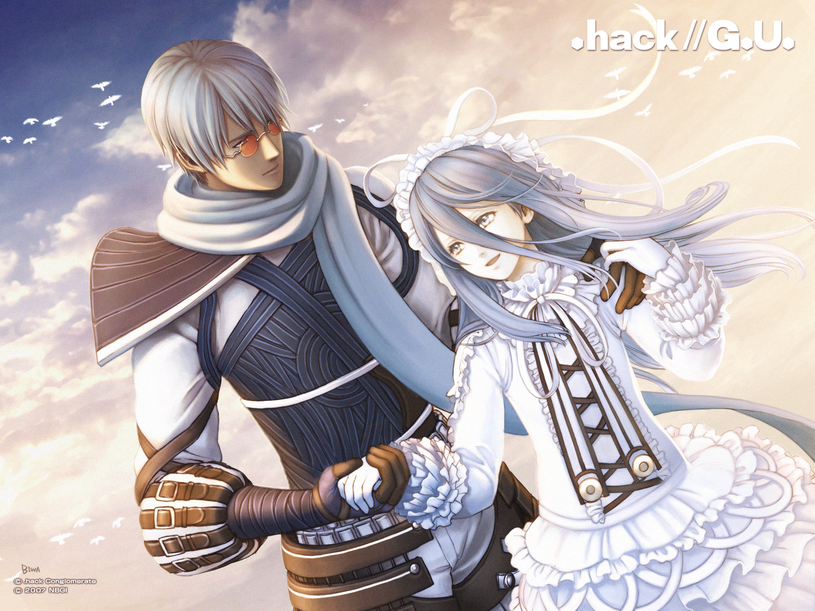 biwa, biwa (illustrator), aina (.hack//), aina (.hack//g.u.), ovan, ovan (.hack//), .hack//, .hack//g.u., .hack//roots, bandai, cyber connect 2, highres, non-web source, 00s, 1boy, 1girl, bird, blue hair, brother and sister, cloud, dress, frills, gathers, glasses, gloves, gothic lolita, hat, hetero, holding hands, hug, lips, lolita fashion, long hair, open mouth, ribbon, scarf, short hair, siblings, sky, smile, sunglasses, tongue, wind