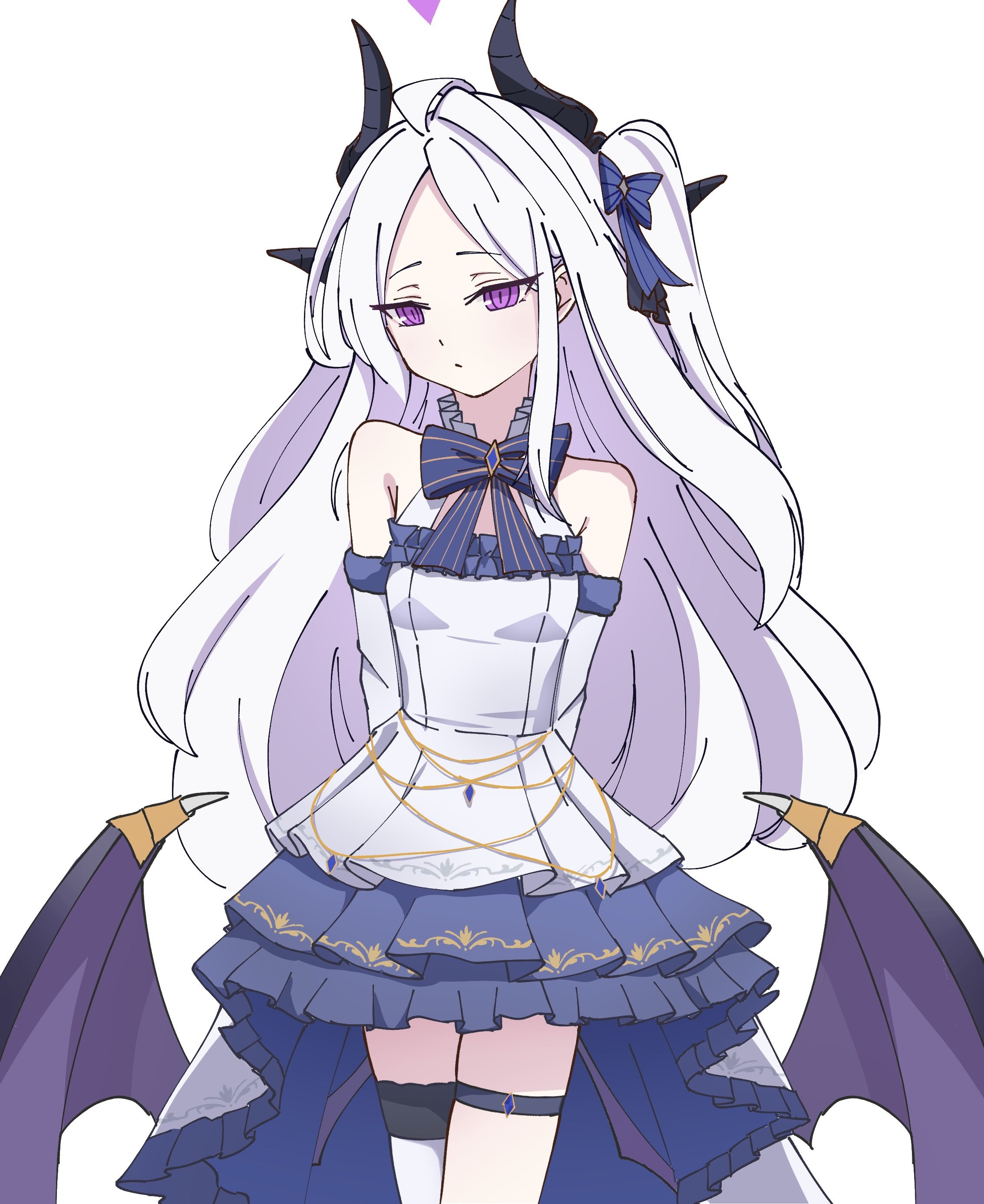 yamamoto no yama, hina (blue archive), blue archive, absurdres, highres, 1girl, ahoge, breasts, demon girl, demon horns, demon wings, dress, halo, horns, long hair, purple eyes, simple background, small breasts, solo, standing, very long hair, white background, white dress, white hair, wings